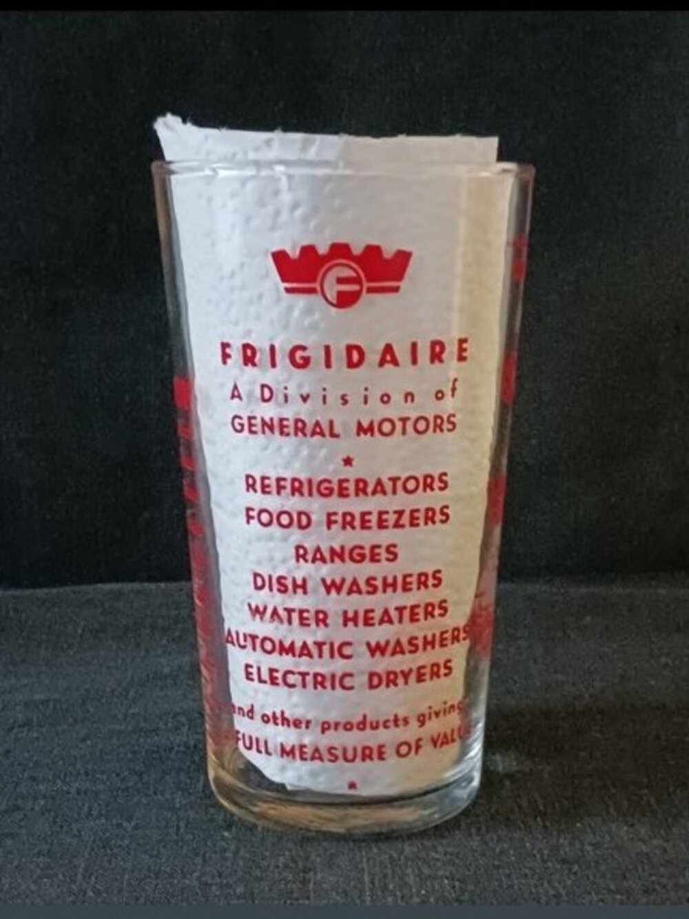 Vintage Frigidaire General Motors Enamel Decorated Glass Measuring Tumbler 1 Cup